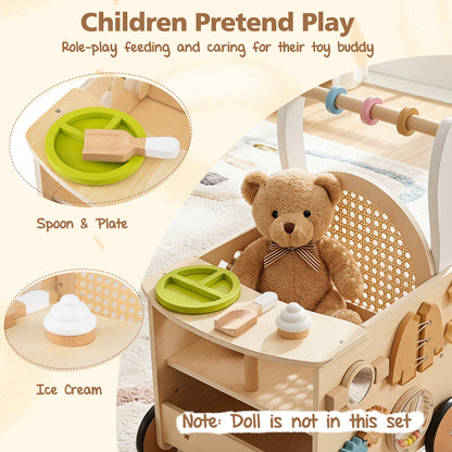 The baby walker showing pretend play feeding accessories like a plate and toy ice cream