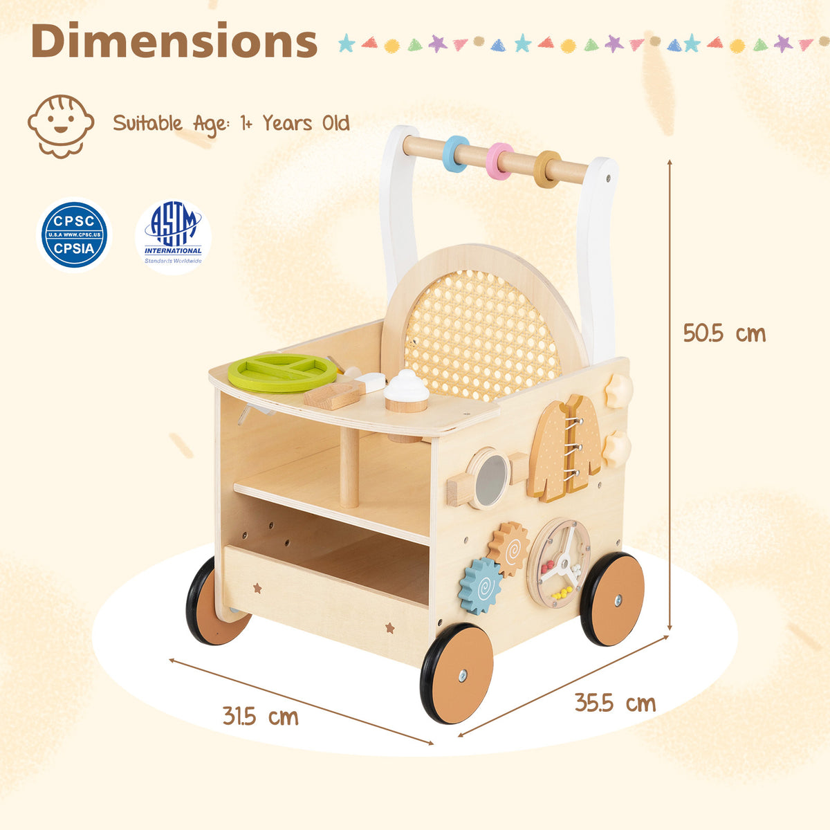 The baby walker displayed with height and width dimensions marked on a plain background