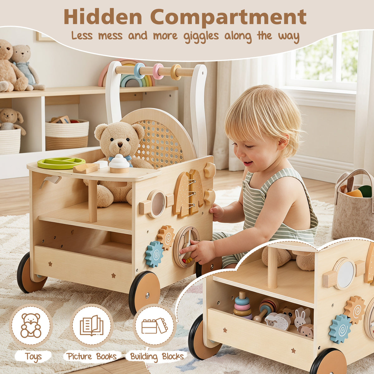The baby walker with a child playing and an inset showing the storage compartment open