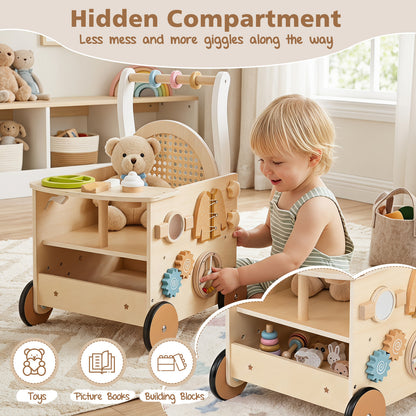 The baby walker with a child playing and an inset showing the storage compartment open