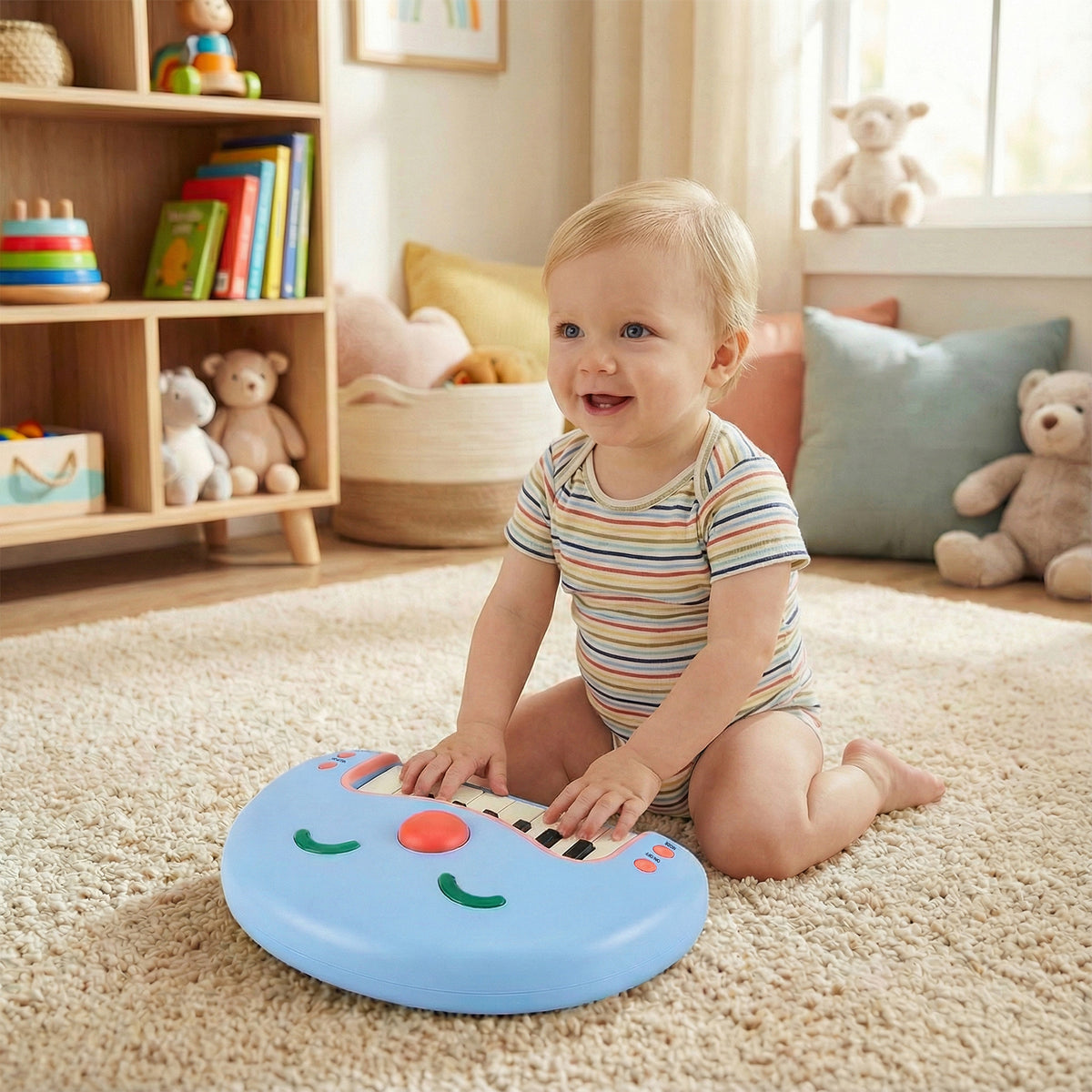 A happy baby playing with the blue kids piano keyboard toy on a rug