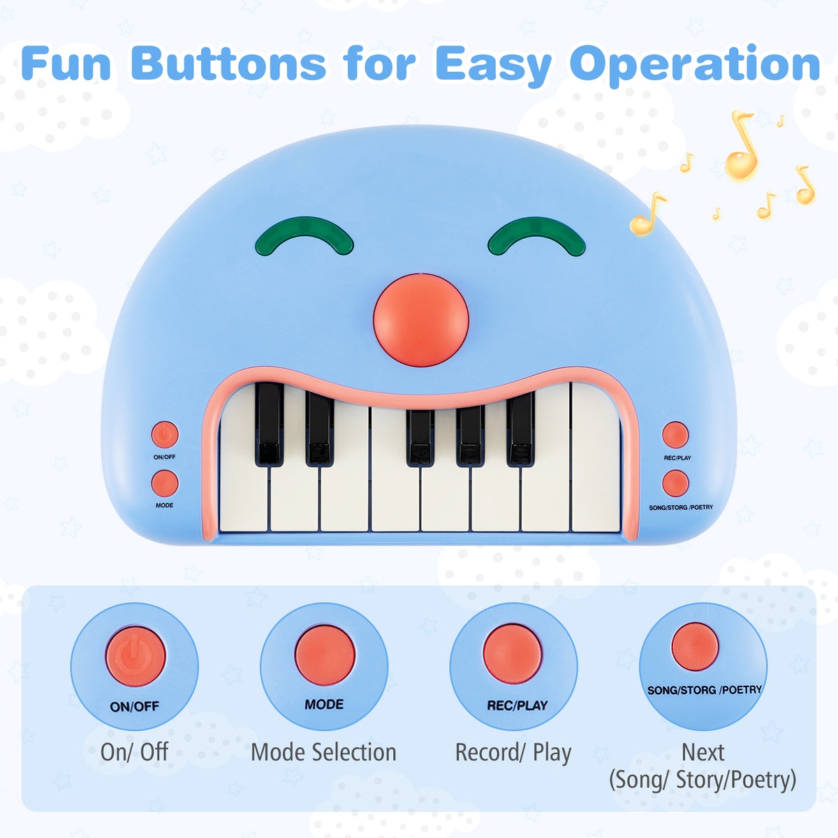 Close-up of the blue kids piano keyboard toy showing the buttons and their functions