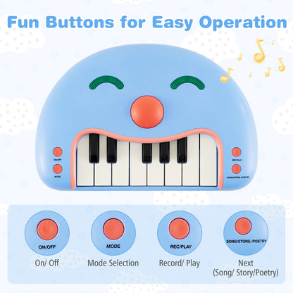 Close-up of the blue kids piano keyboard toy showing the buttons and their functions