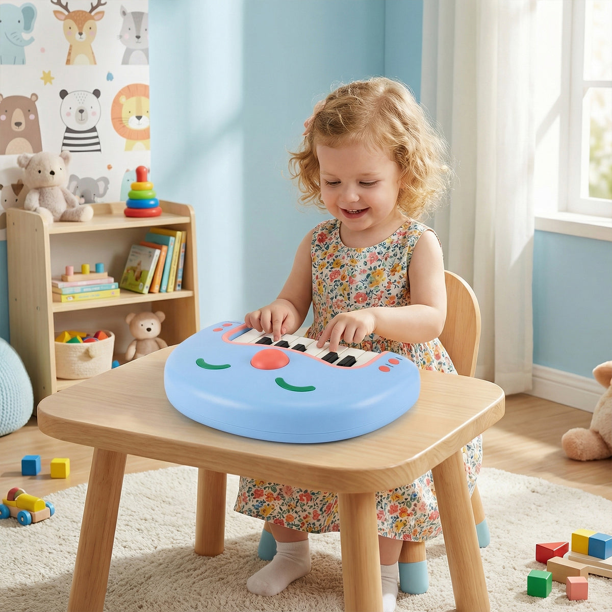 A young girl sitting at a table and playing the blue kids piano keyboard toy
