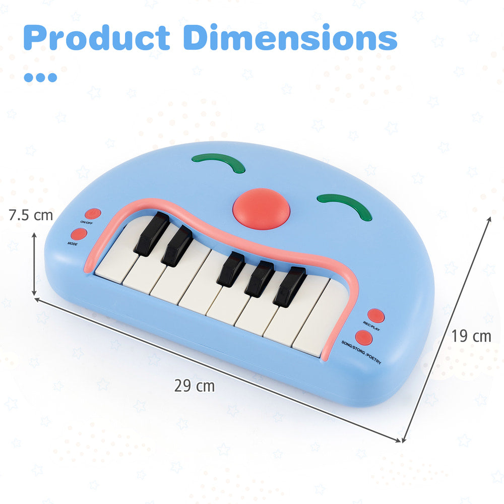 The blue kids piano keyboard toy with dimensions shown