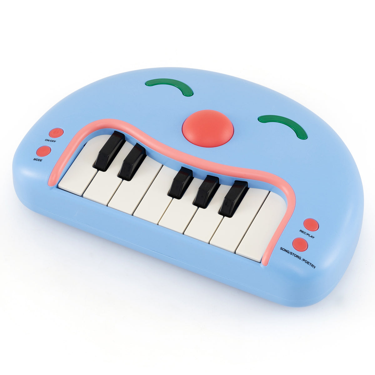 Close-up of the blue kids piano keyboard toy showing the keys and buttons