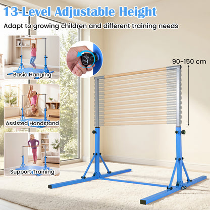 the gymnastics bar showing height adjustment details and various training positions