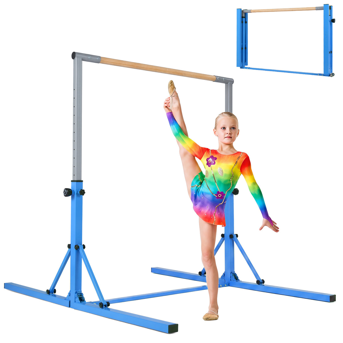 the gymnastics bar with a young gymnast performing a leg stretch and a folded version above