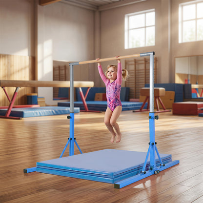 the gymnastics bar in a wooden gym studio with a young girl hanging from the wooden rail