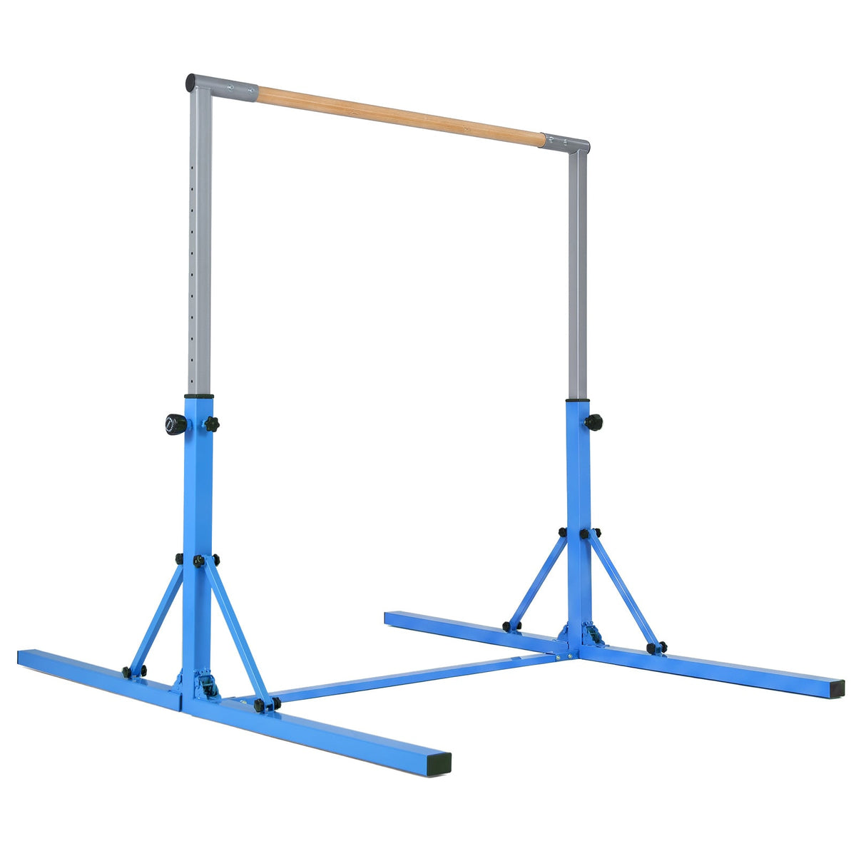 13-Level Adjustable Heights Foldable Gymnastics Bar in blue with a wooden horizontal bar