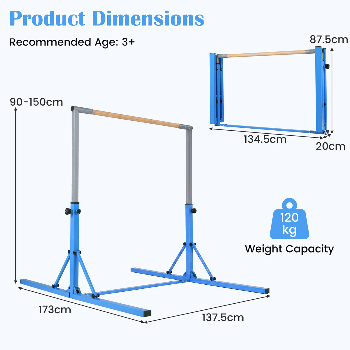 the gymnastics bar showing technical measurements and dimensions for the frame and mat