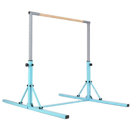 13-Level Adjustable Heights Foldable Gymnastics Bar in green with a wooden horizontal bar