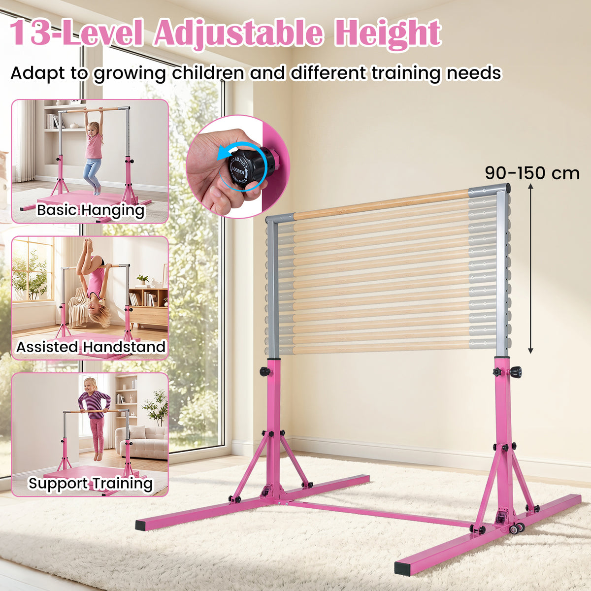 The yoga accessories showing the adjustable height mechanism and various training poses