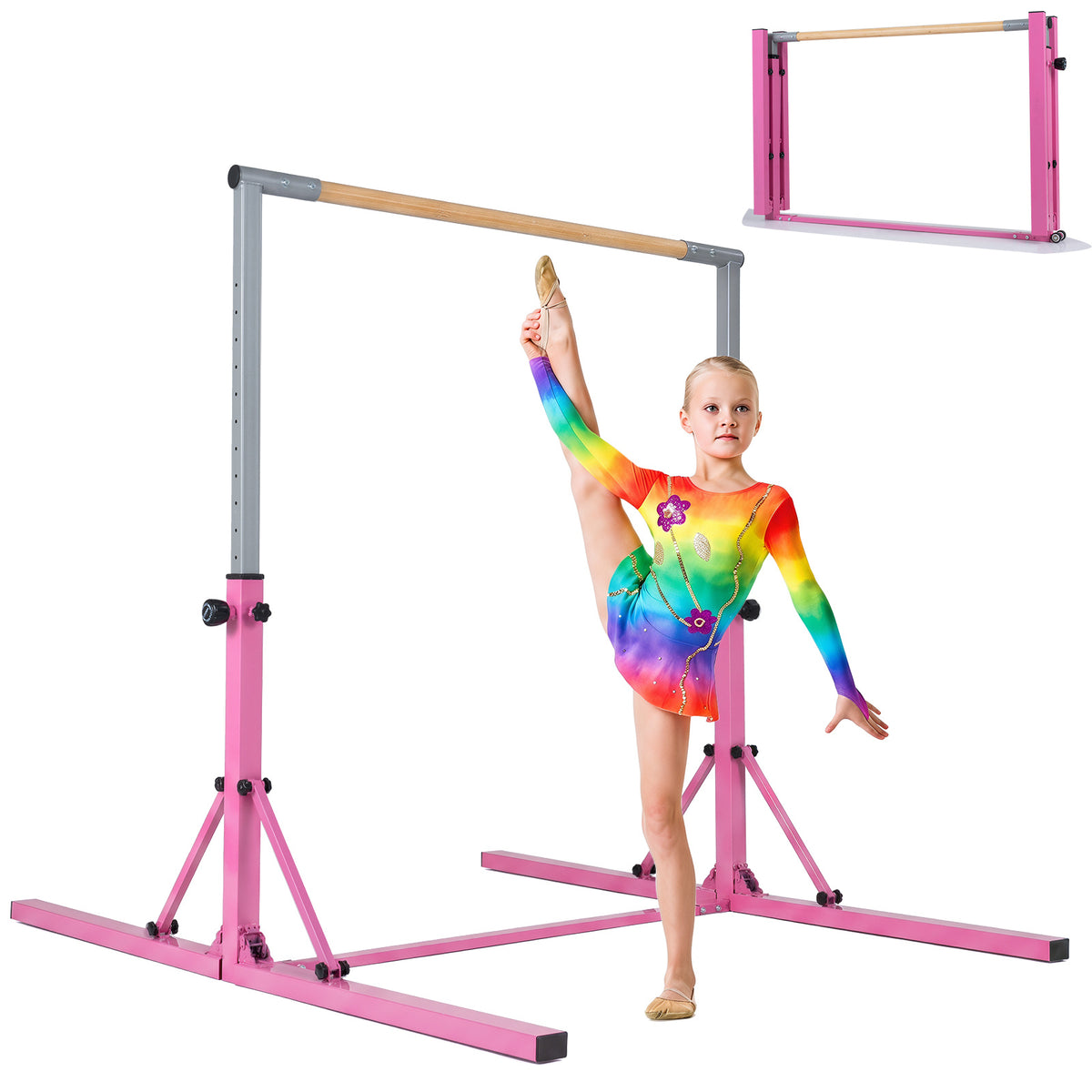 A girl in a rainbow leotard performing a split next to the pink foldable gymnastics bar