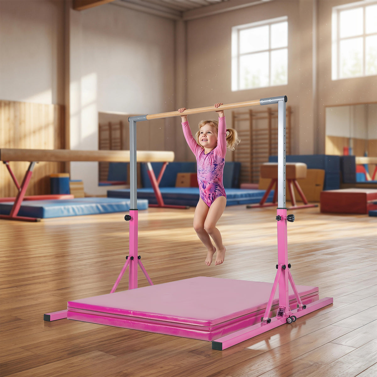 A young girl in a pink leotard jumping on the pink foldable gymnastics bar indoors