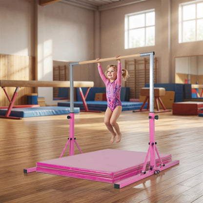 A young girl in a pink leotard jumping on the pink foldable gymnastics bar indoors