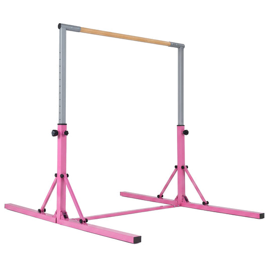 13-Level Adjustable Heights Foldable Gymnastics Bar in pink with a wooden horizontal bar