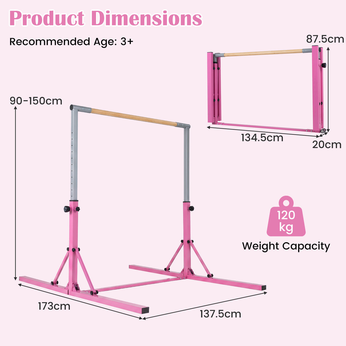 The yoga accessories displayed with technical diagrams showing height and width measurements