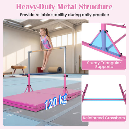 Close up of the pink foldable gymnastics bar showing sturdy triangular supports and reinforced crossbars