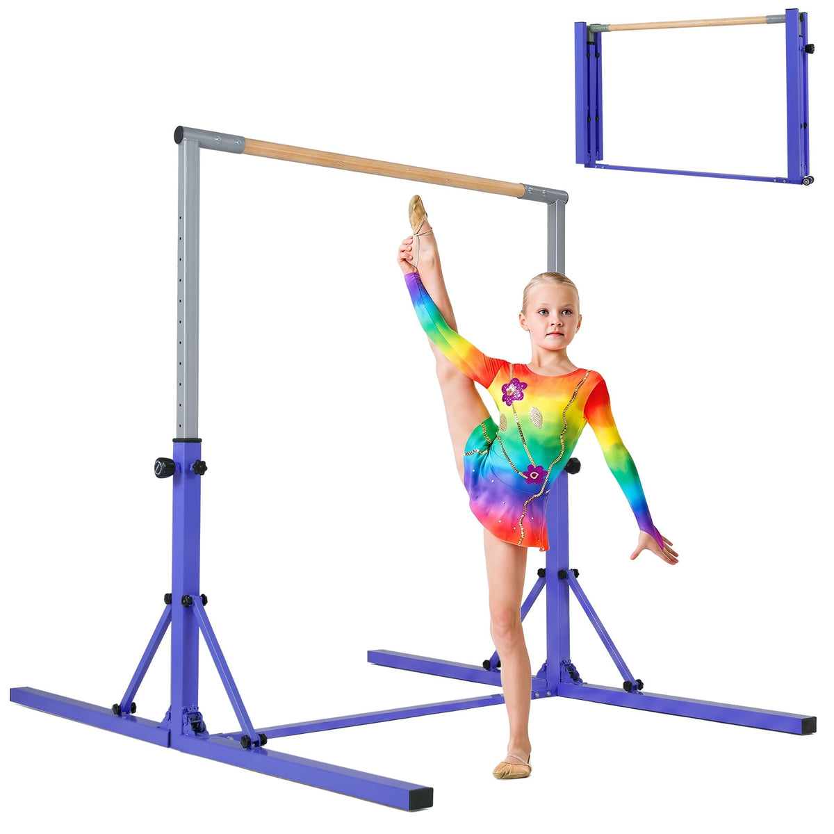 A girl in a rainbow leotard performing a stretch on the purple gymnastics bar