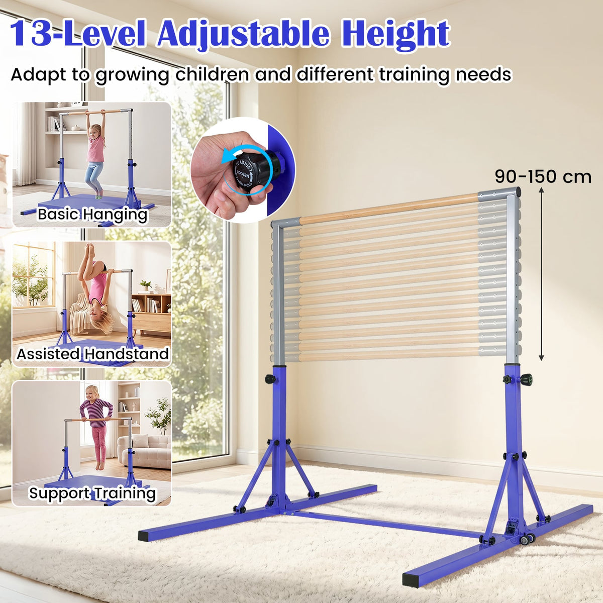 A graphic showing the adjustable height feature of the purple gymnastics bar