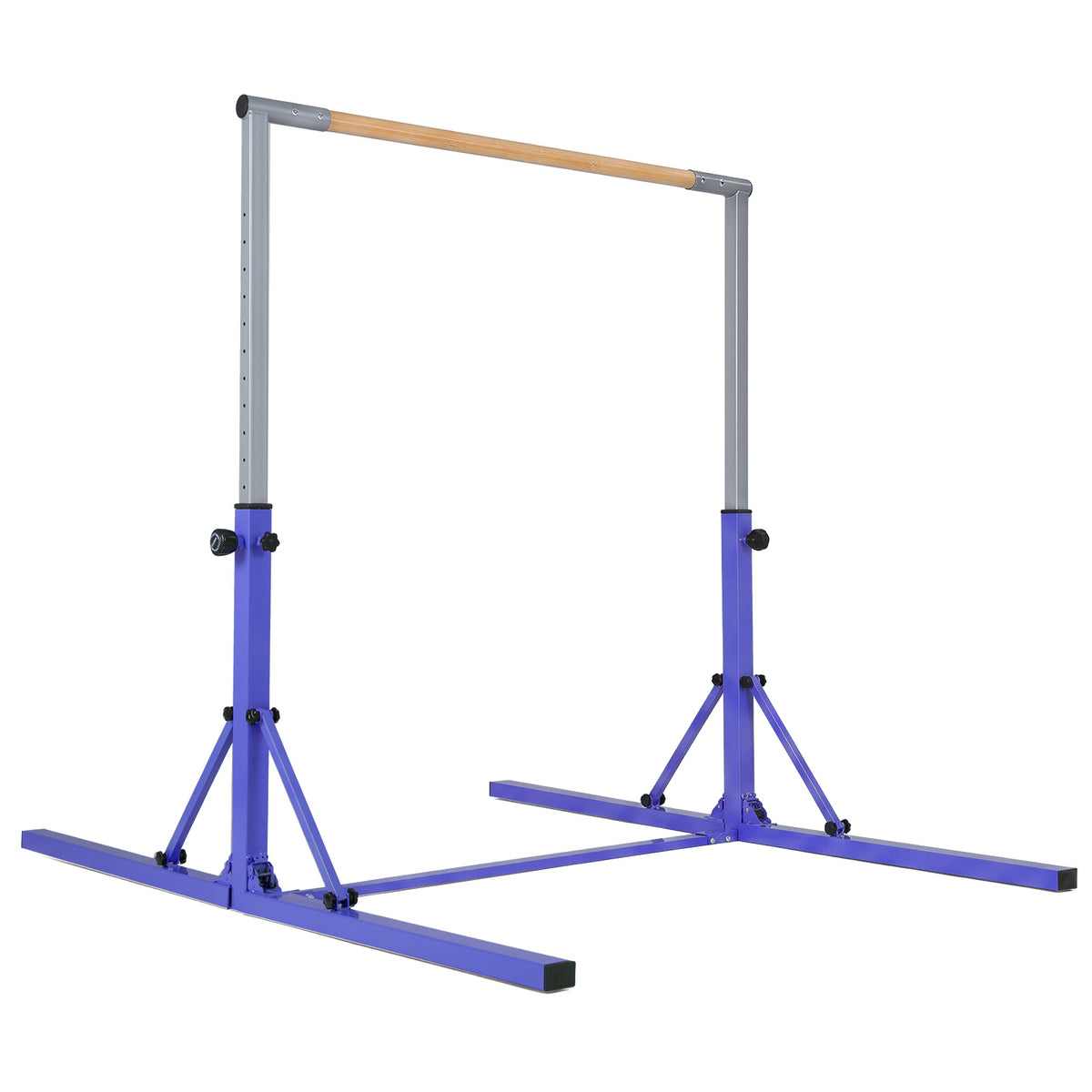 13-Level Adjustable Heights Foldable Gymnastics Bar in purple with a wooden bar and metal frame