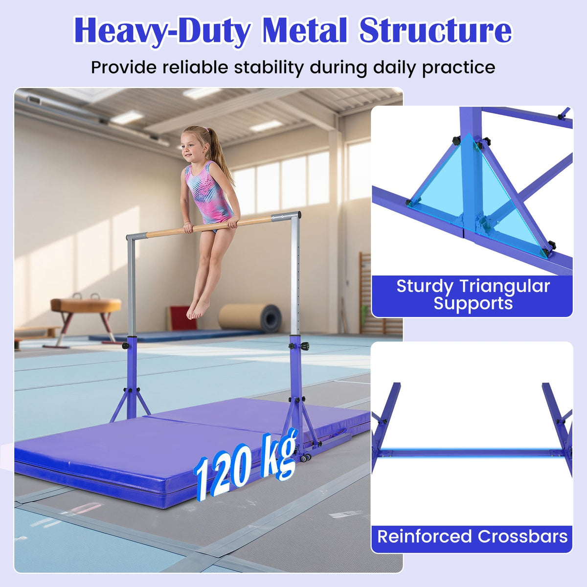A graphic highlighting the heavy-duty metal structure of the purple gymnastics bar