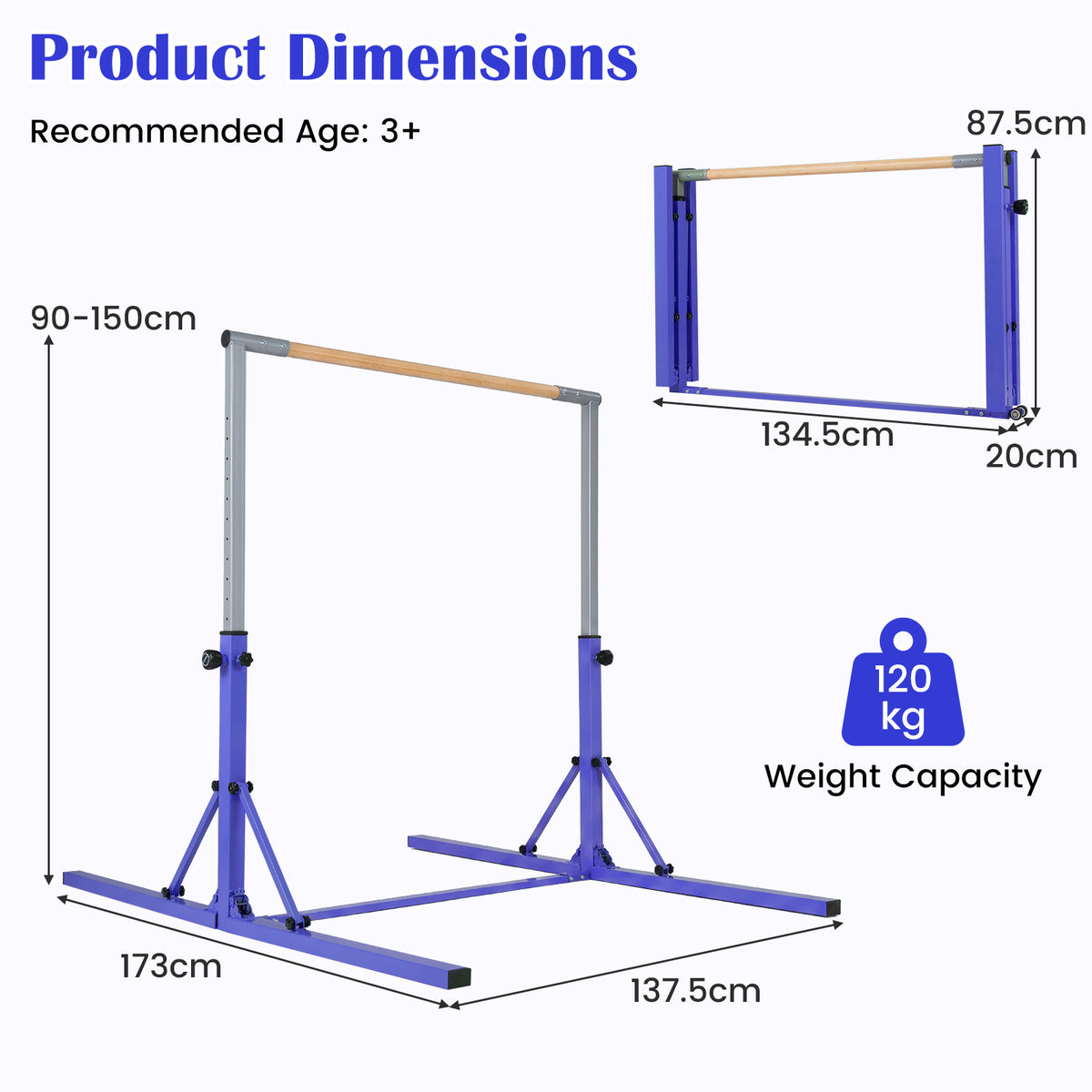 A diagram showing the dimensions of the purple gymnastics bar