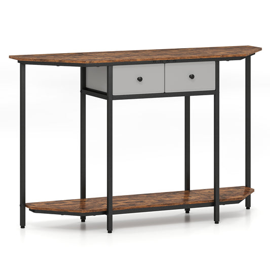 130 CM Console Table with rustic brown finish, open storage shelf and two drawers