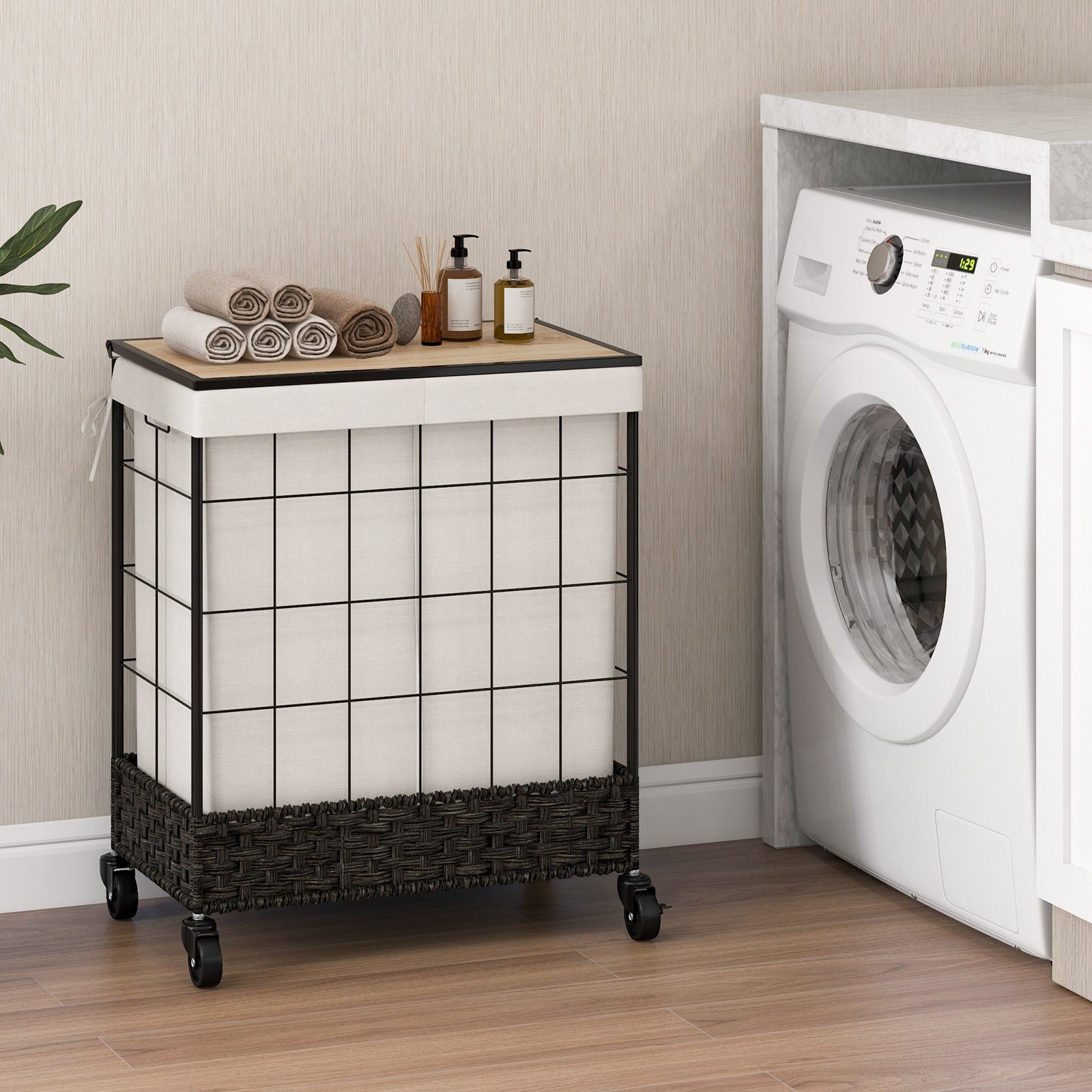 130L Handwoven Rattan Laundry Hamper with Lid and Lockable Wheels-Black