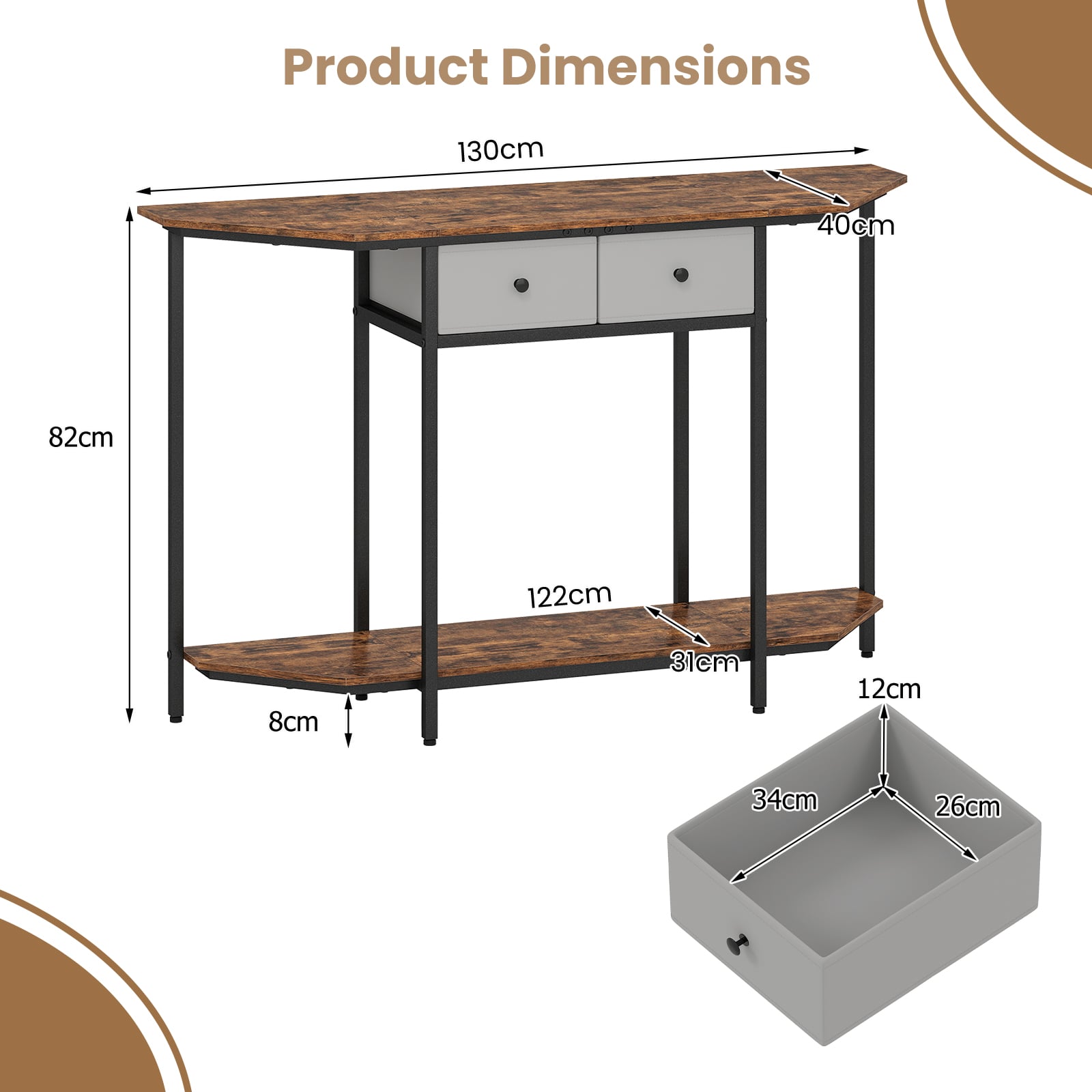 130 CM Console Table 2-Tier Entryway Table with Open Storage Shelf & 2 Drawers-Rustic Brown