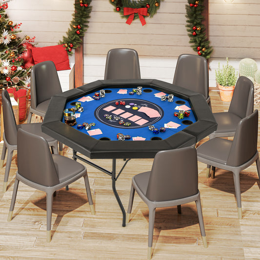 The game room poker table set up with eight chairs around it in a room with festive decorations