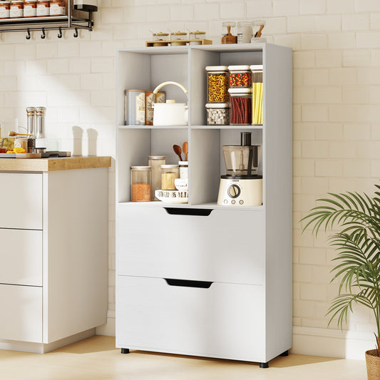 The tall white bookcase with open shelves and two drawers in a kitchen setting