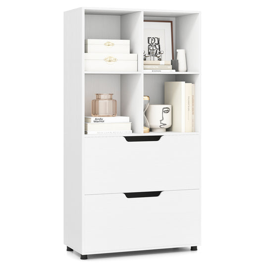 130CM 5-Tier Tall Freestanding Bookshelf in white with open shelves and two drawers