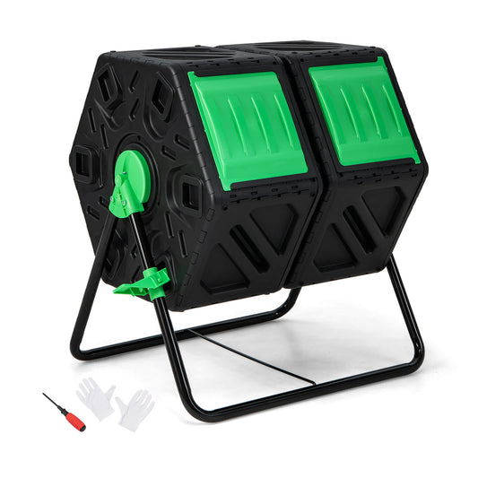 130L Rotating Tumbling Composter with Single Chamber in black and green with a stand and included accessories