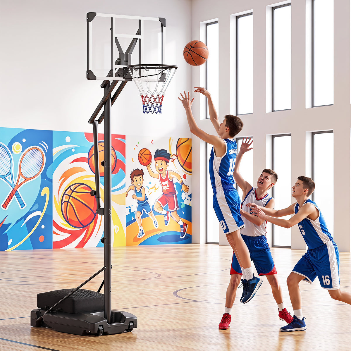 The adjustable basketball hoop is shown in an indoor court with children playing