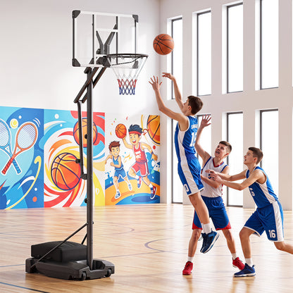 The adjustable basketball hoop is shown in an indoor court with children playing