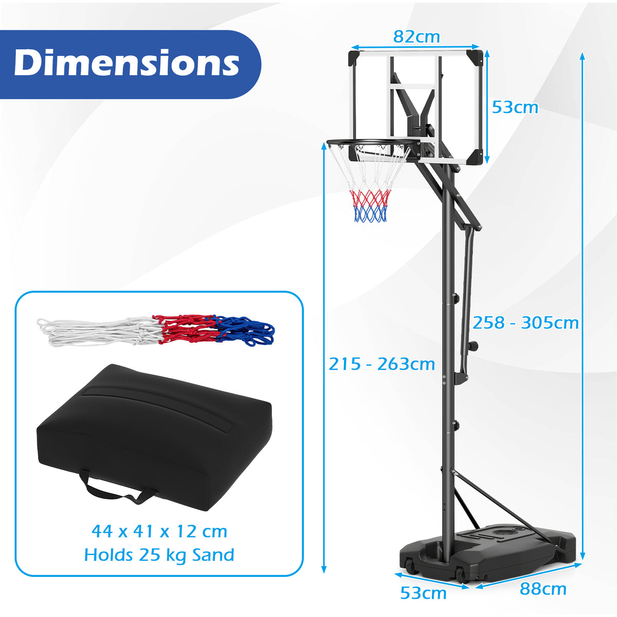 Dimensions diagram showing the basketball hoop and weight bag