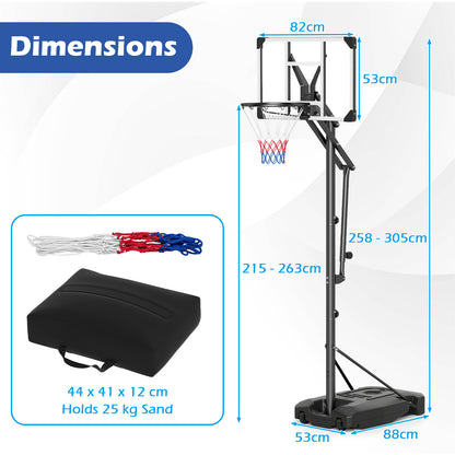 Dimensions diagram showing the basketball hoop and weight bag