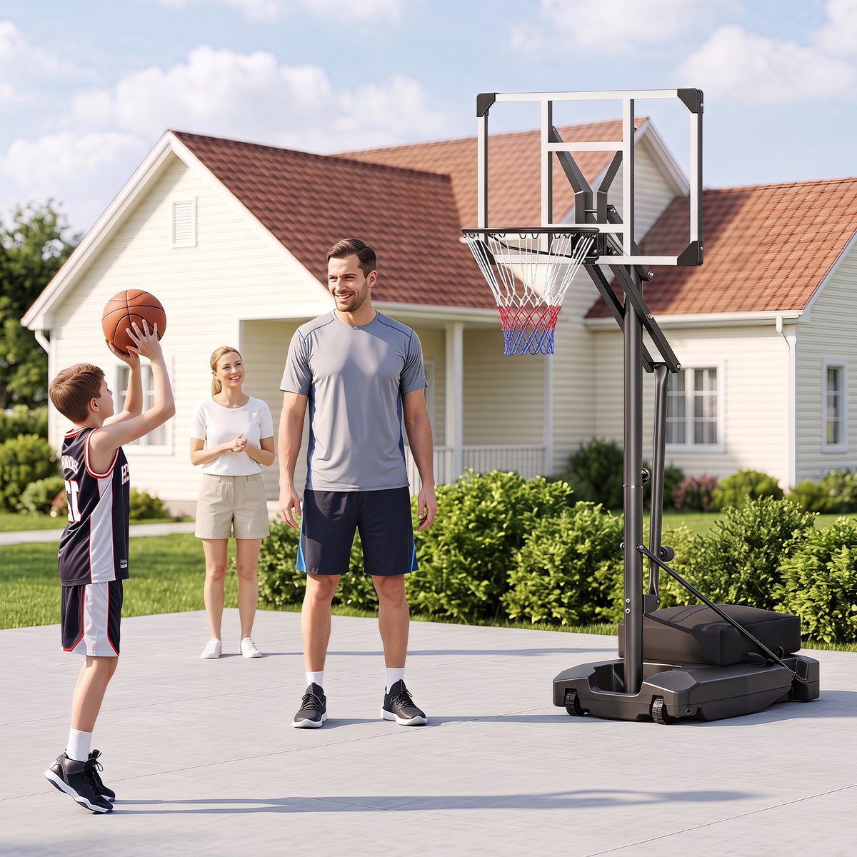 A family plays with the height adjustable basketball hoop in their garden