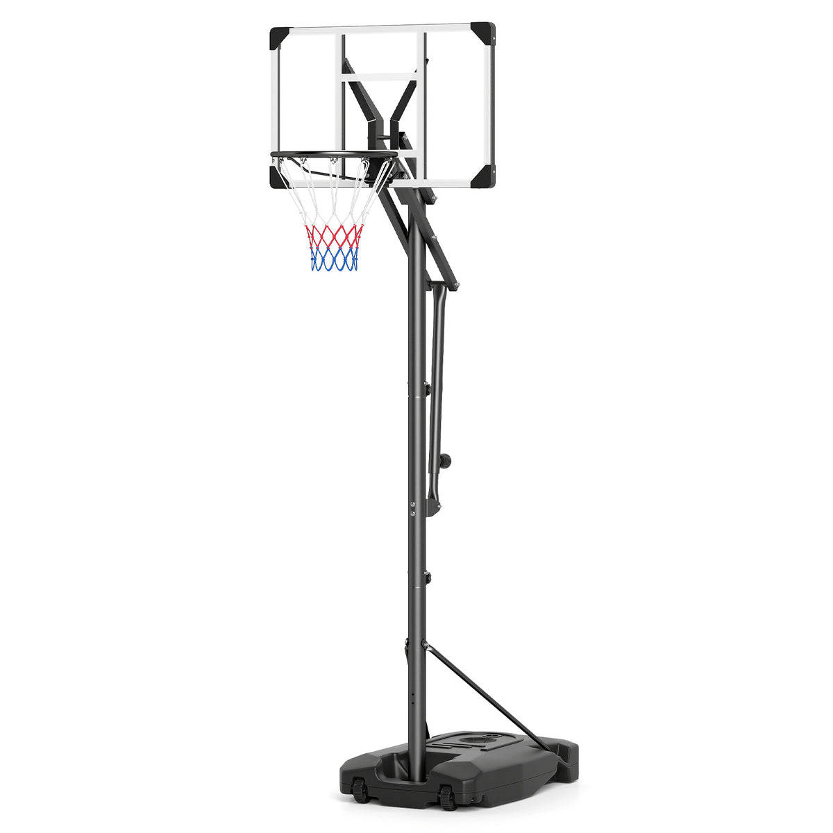 The adjustable basketball hoop stands alone on a white background