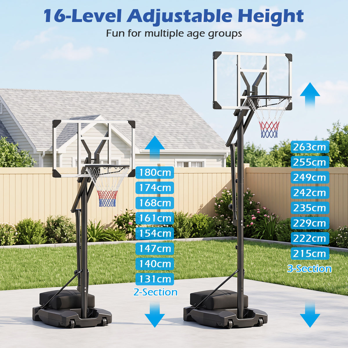 131-263 cm Height Adjustable Basketball Hoop