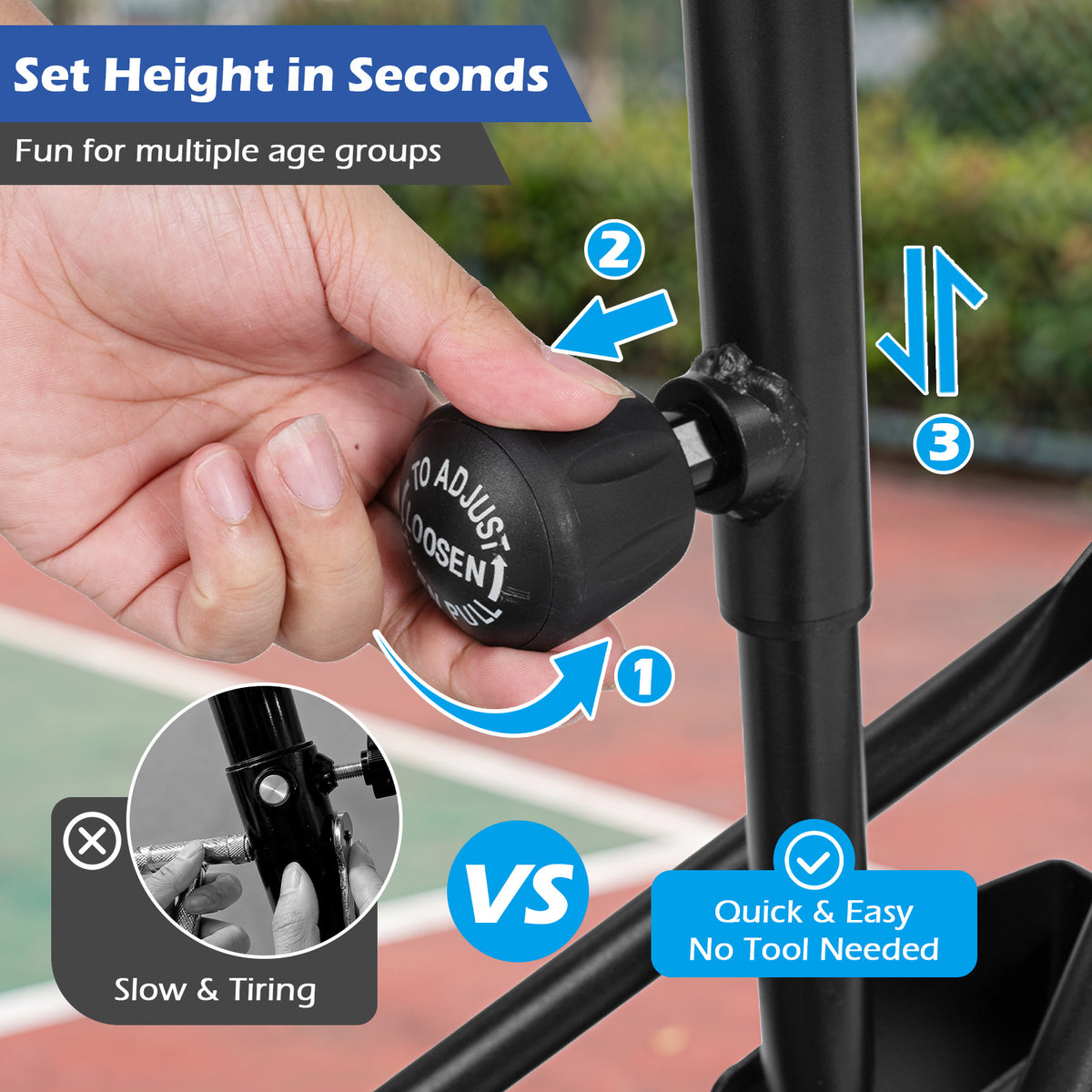 Close-up of the mechanism for setting the height of the basketball hoop