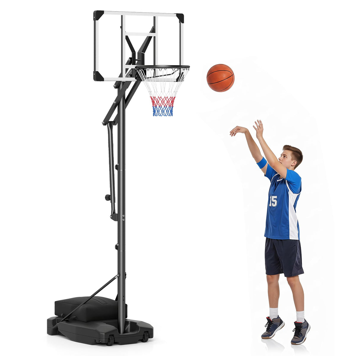 131-263 cm Height Adjustable Basketball Hoop with weight bag, a teen boy shoots a basketball