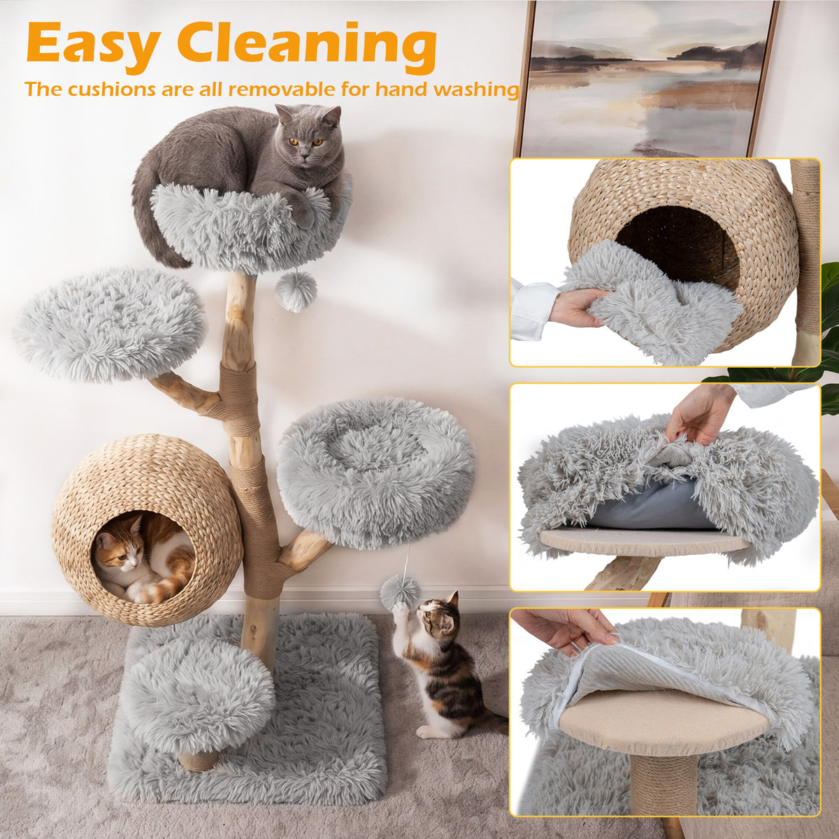 The cat tree with hands demonstrating how to remove the plush cushions for easy cleaning