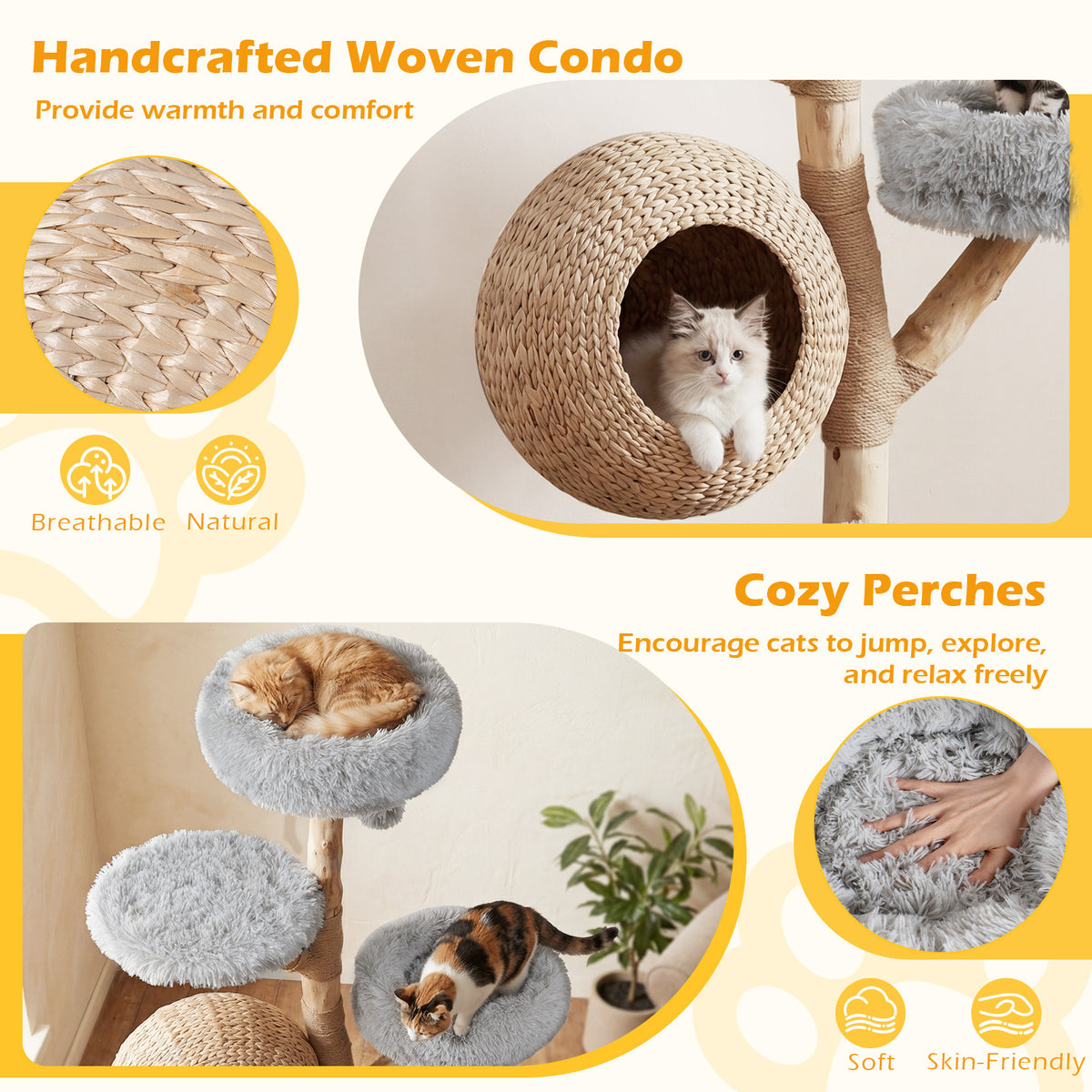 The cat tree details showing the woven condo texture and soft plush fabric on the perches