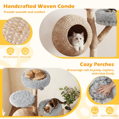 The cat tree details showing the woven condo texture and soft plush fabric on the perches