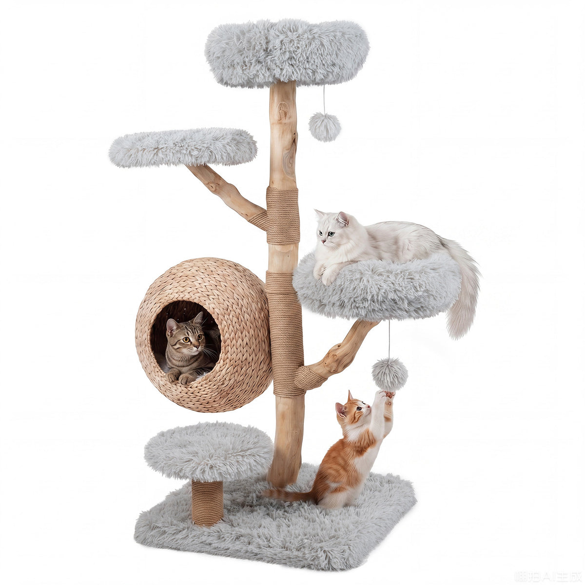 The cat tree featuring a woven condo and multiple grey plush platforms with three cats