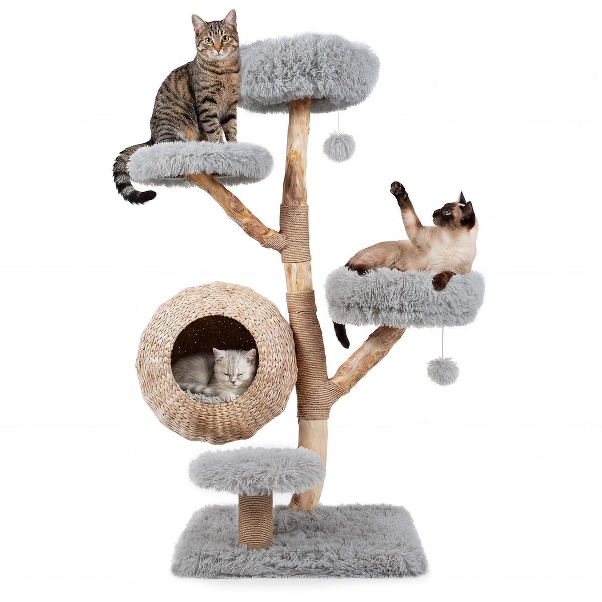 134CM 5-Tier Cat Tree with three cats resting on the plush platforms and woven condo