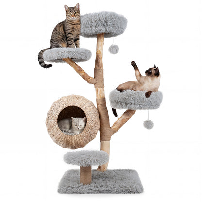 134CM 5-Tier Cat Tree with three cats resting on the plush platforms and woven condo